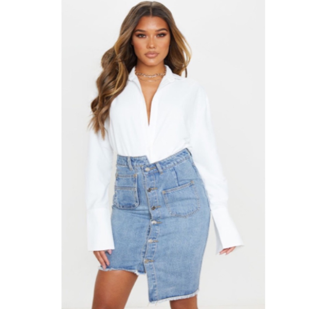 Mid Blue Wash Asymmetric Waist Midi Denim Skirt